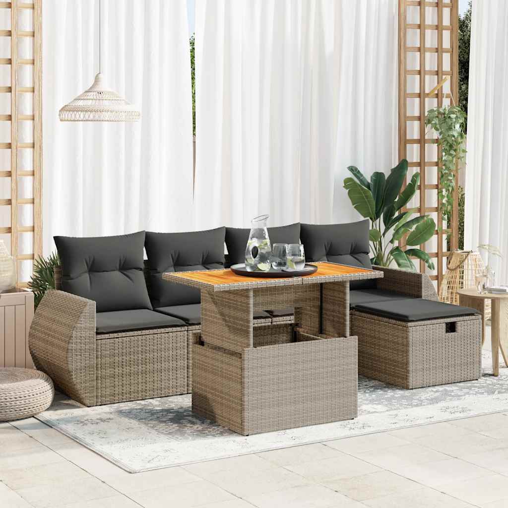 6-tlg. Garten-Sofagarnitur mit Kissen Grau Poly Rattan Akazie