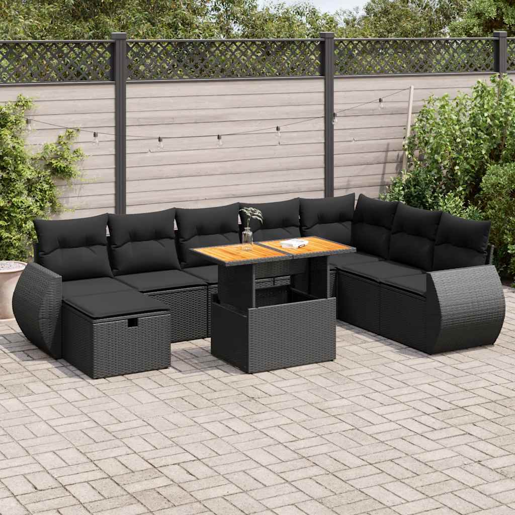 vidaXL Set mobilier grădină perne 9 piese negru poliratan/lemn acacia