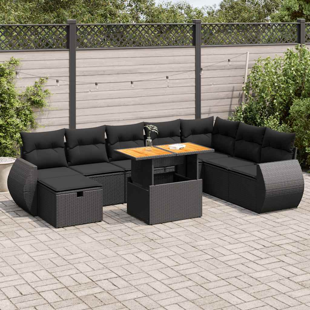vidaXL Set mobilier grădină perne 9 piese negru poliratan/lemn acacia