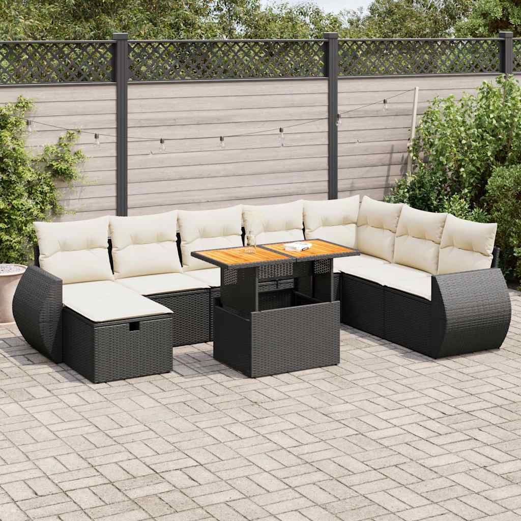 vidaXL Set mobilier grădină perne 9 piese negru poliratan/lemn acacia