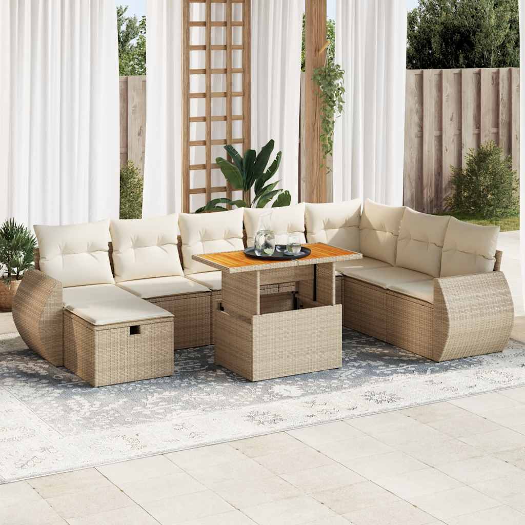 9-tlg. Garten-Sofagarnitur mit Kissen Beige Poly Rattan Akazie