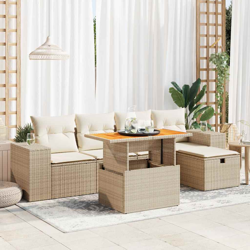 6-tlg. Garten-Sofagarnitur mit Kissen Beige Poly Rattan Akazie