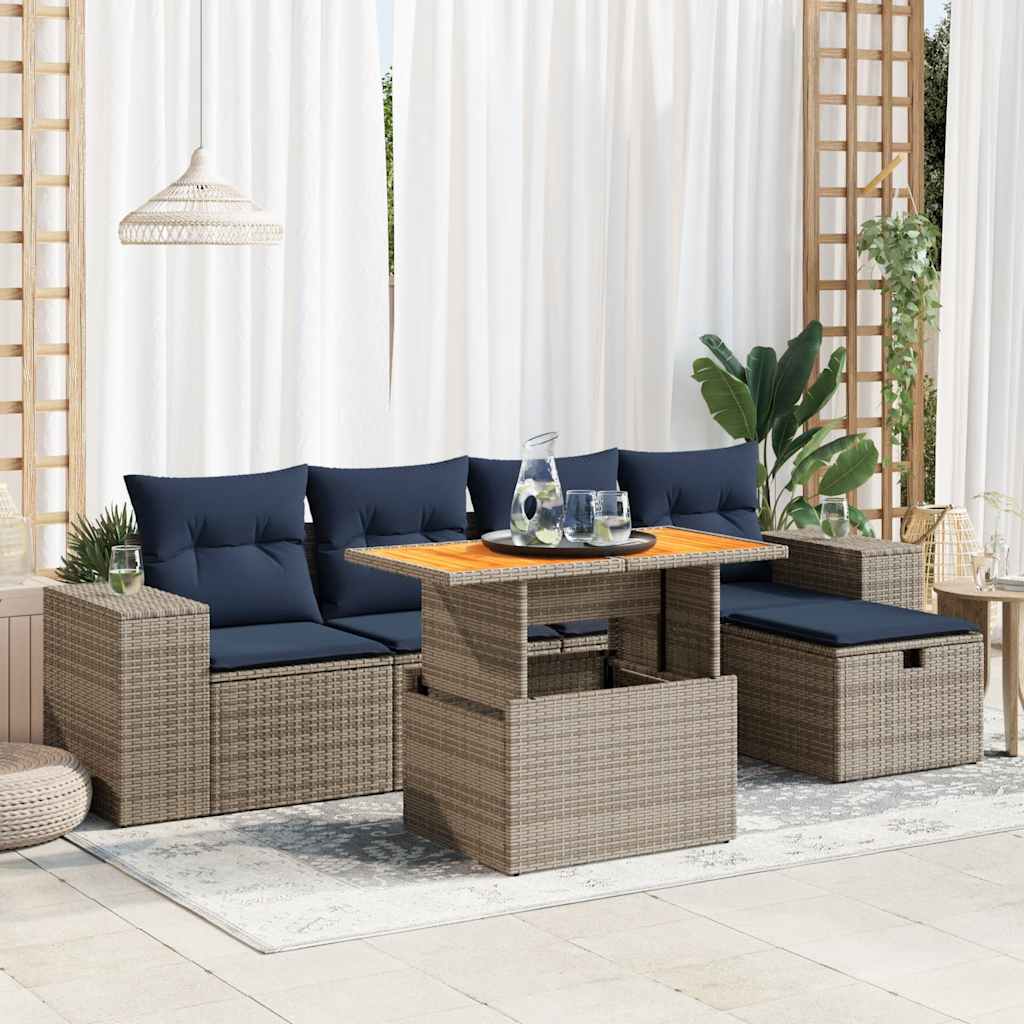 vidaXL 6-tlg. Garten-Sofagarnitur mit Kissen Schwarz Poly Rattan