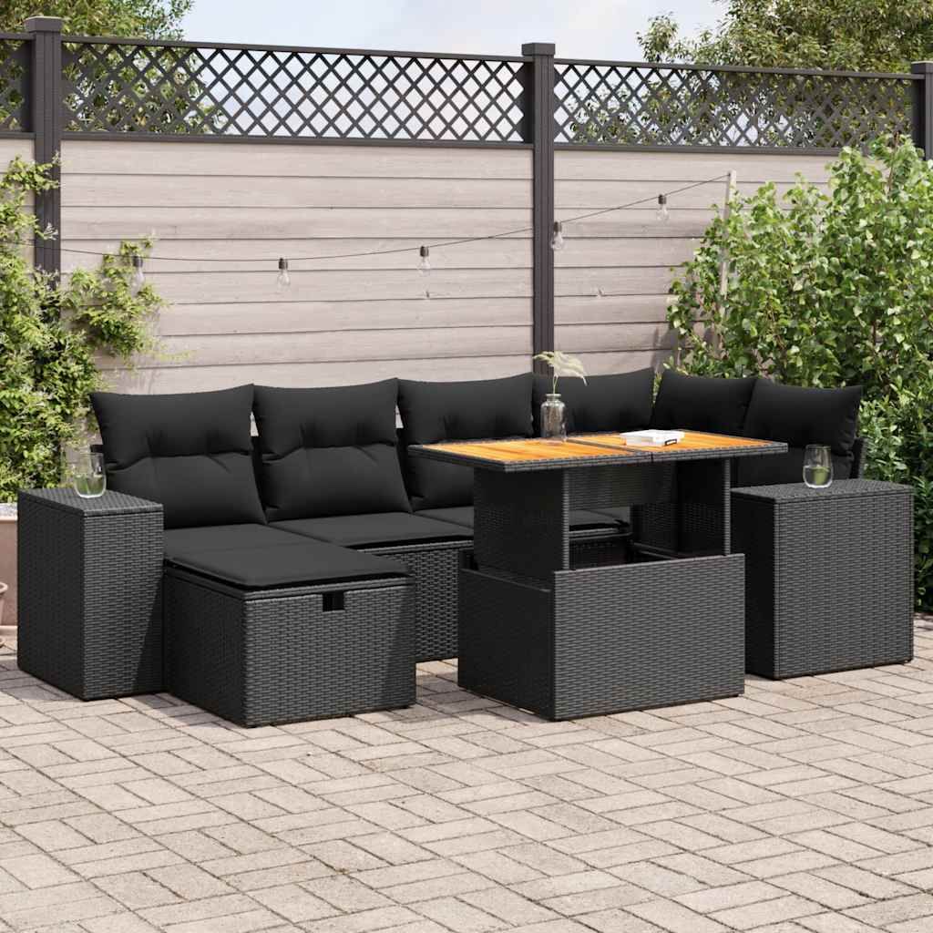 vidaXL Set mobilier grădină perne 8 piese negru, poliratan/lemn acacia