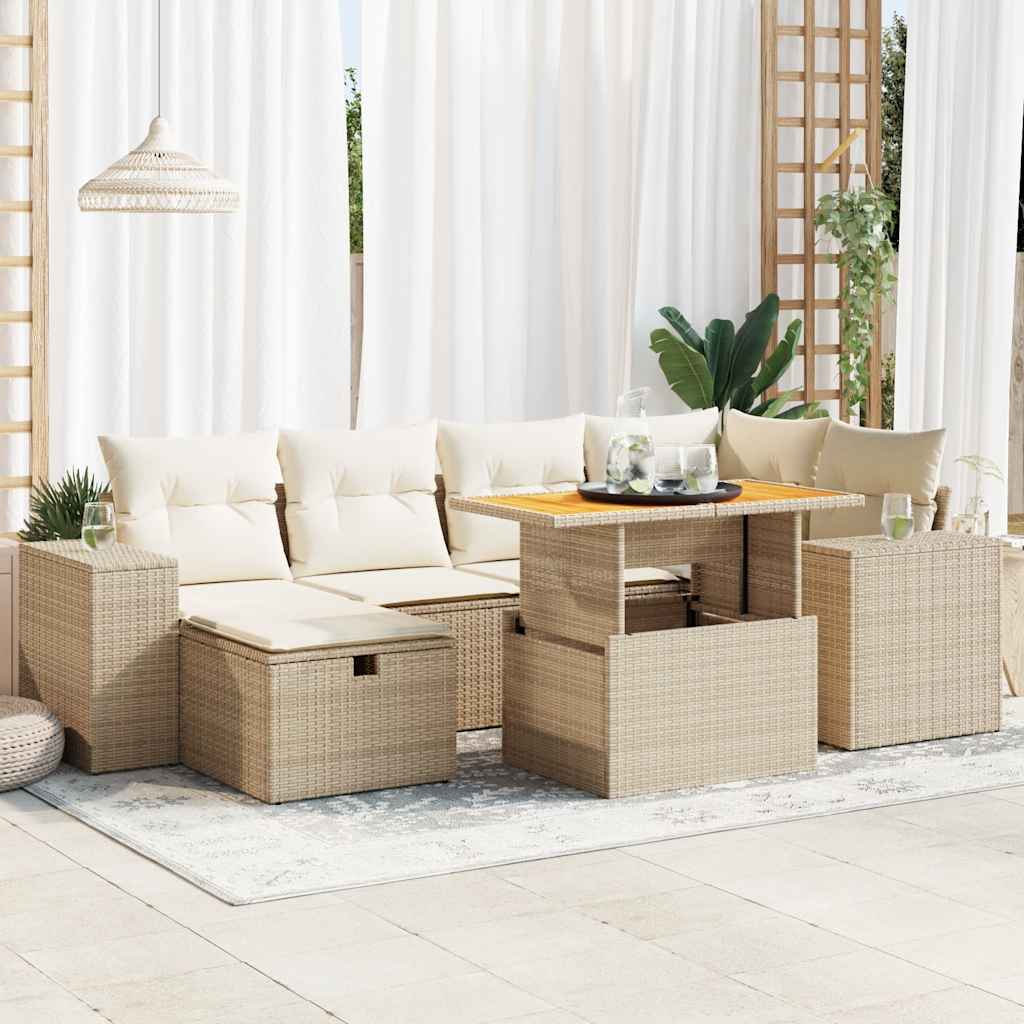 8-tlg. Garten-Sofagarnitur mit Kissen Beige Poly Rattan Akazie