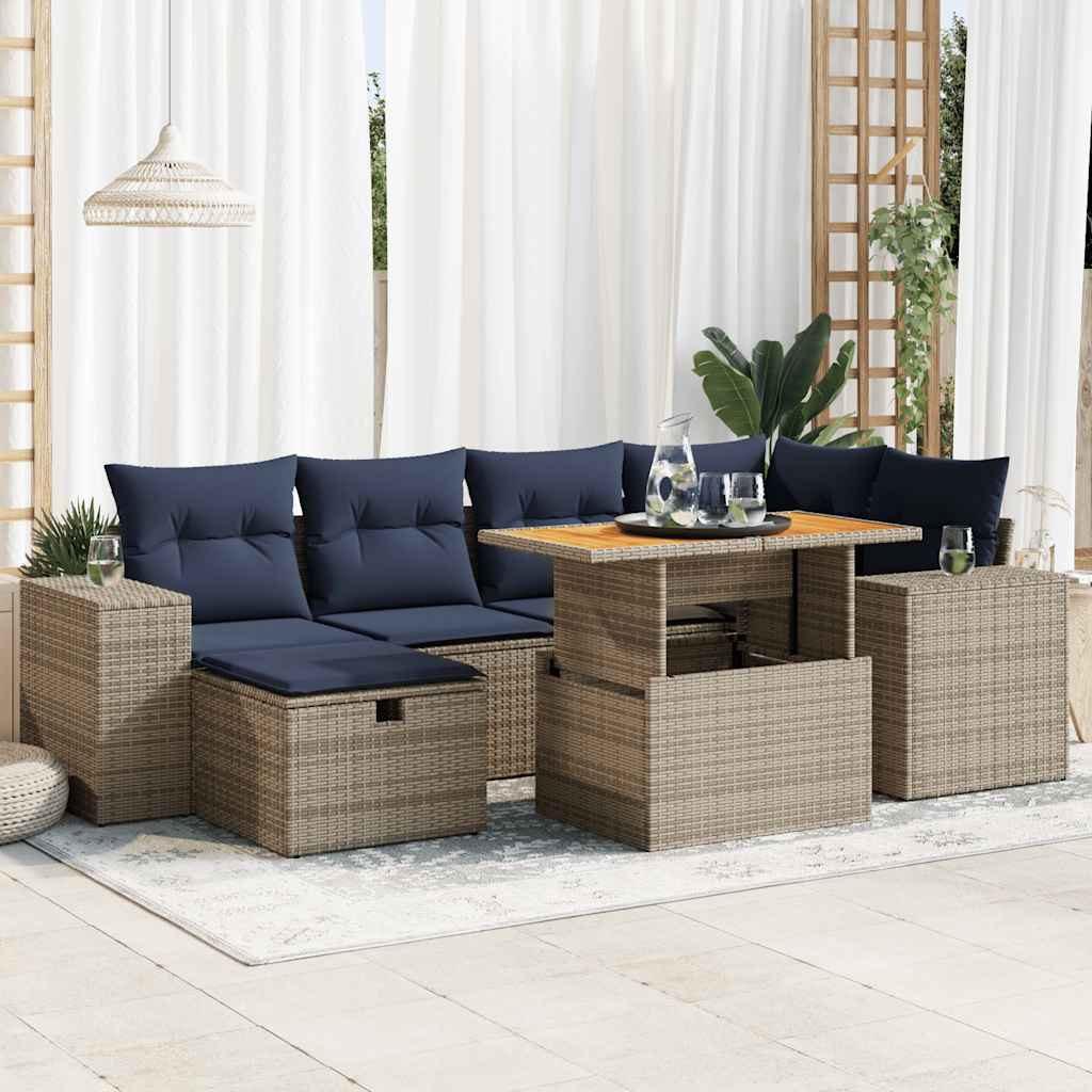 7 Piece Garden Sofa Set with Cushions Brown Poly Rattan Acacia
