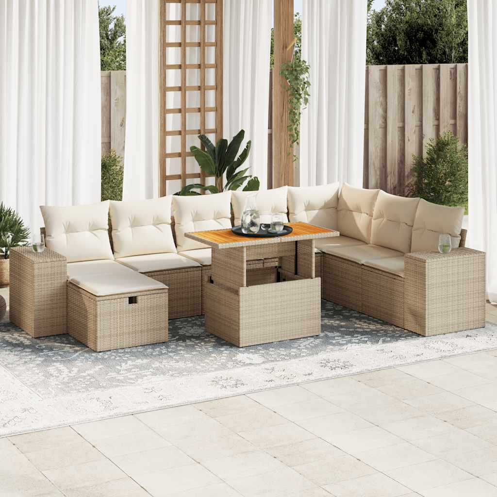 vidaXL 9-tlg. Garten-Sofagarnitur mit Kissen Beige Poly Rattan Akazie