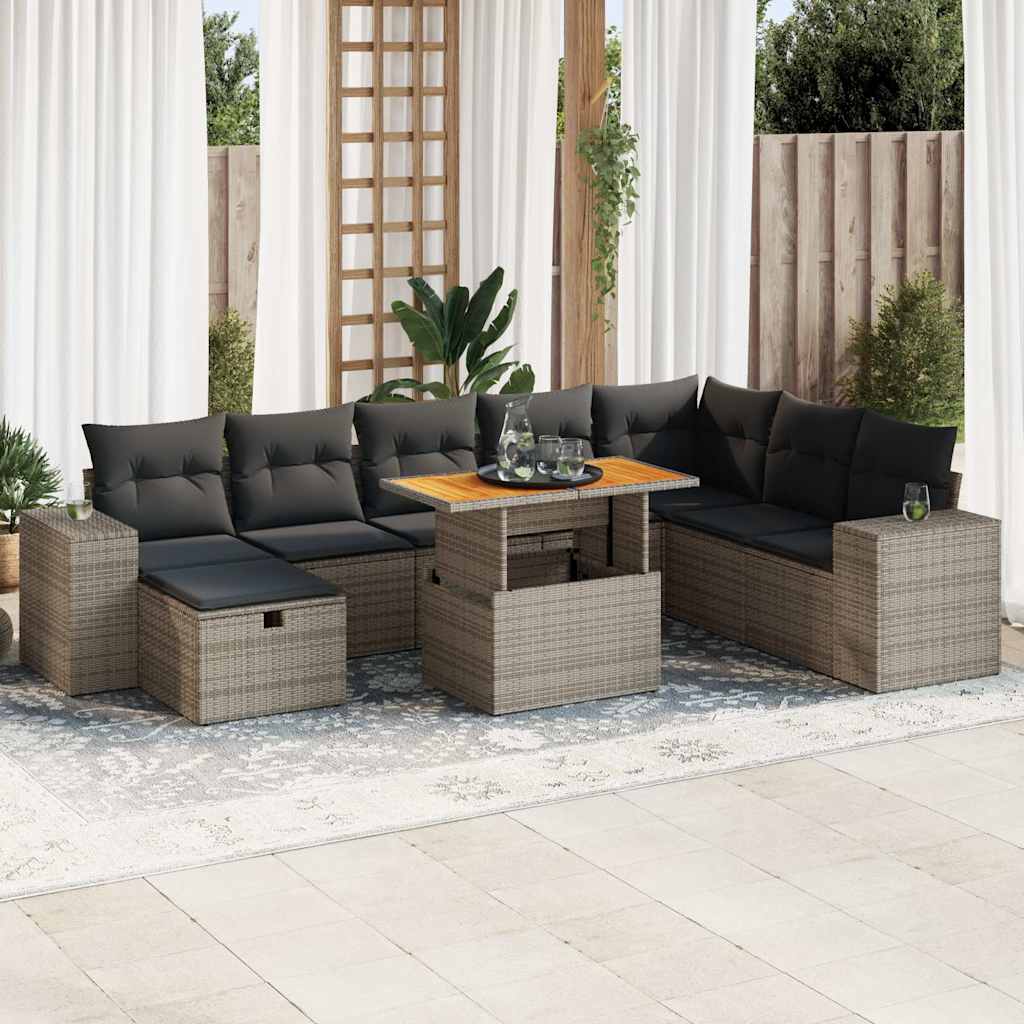 vidaXL 9-tlg. Garten-Sofagarnitur mit Kissen Grau Poly Rattan Akazie