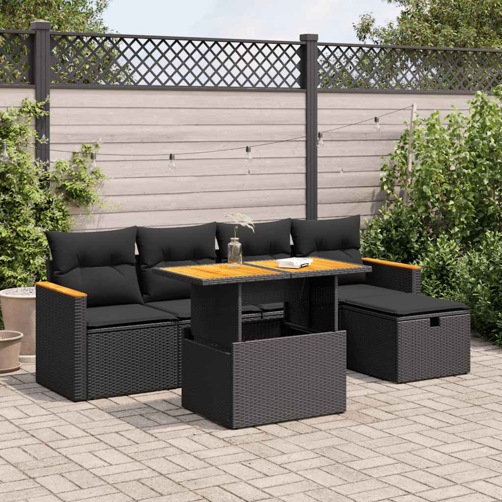 vidaXL 6-tlg. Garten-Sofagarnitur mit Kissen Schwarz Poly Rattan