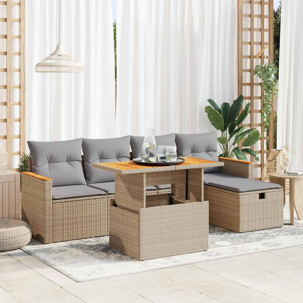 6-tlg. Garten-Sofagarnitur mit Kissen Beige Poly Rattan