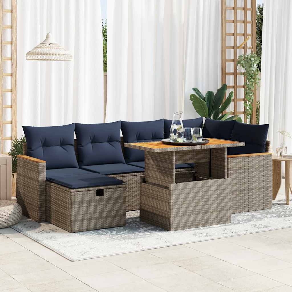7 Piece Garden Sofa Set with Cushions Black Poly Rattan Acacia