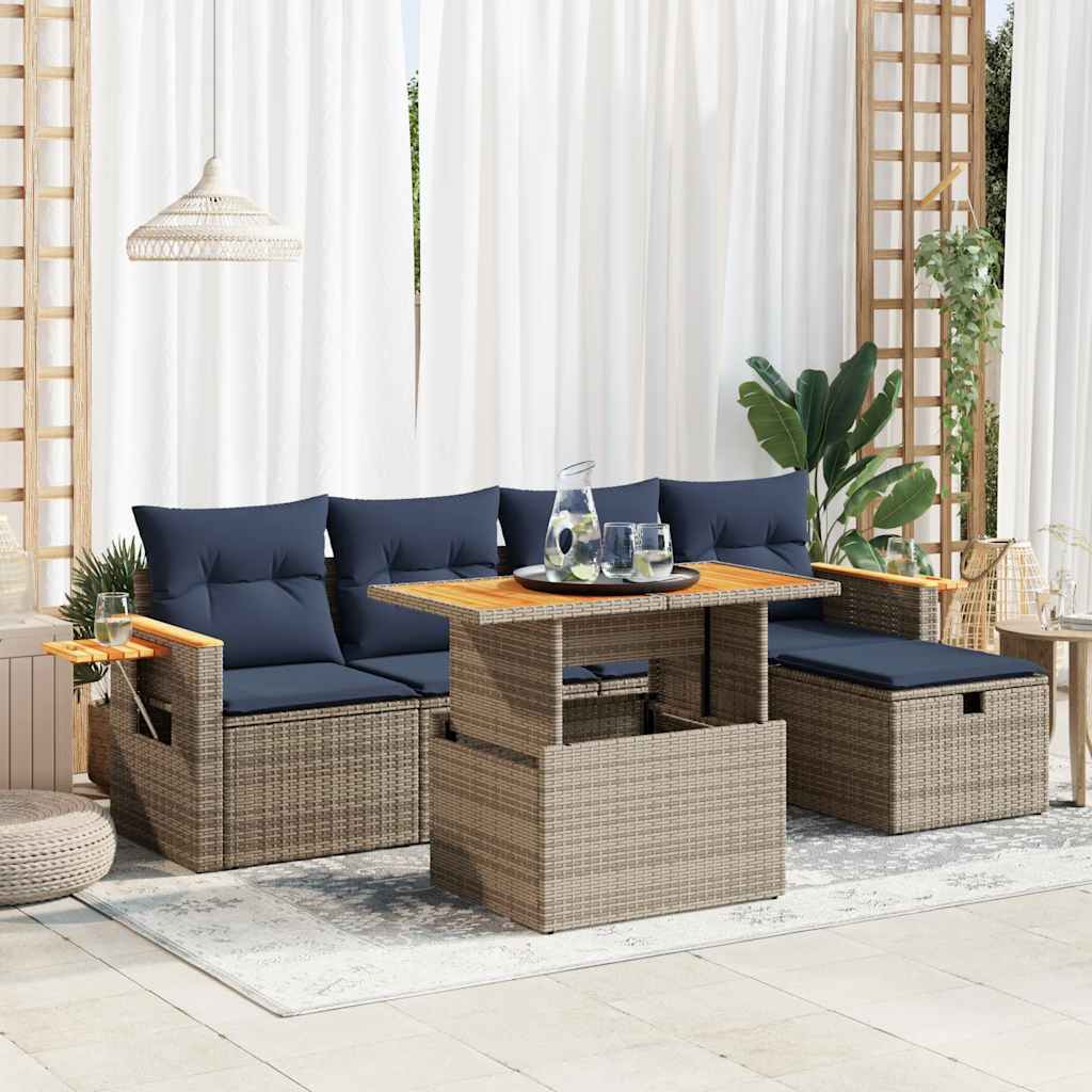sofasæt til haven 6 dele med hynder polyrattan akacietræ grå