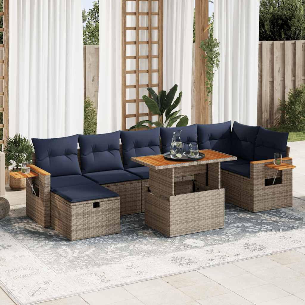 8 Piece Garden Sofa Set with Cushions Brown Poly Rattan Acacia