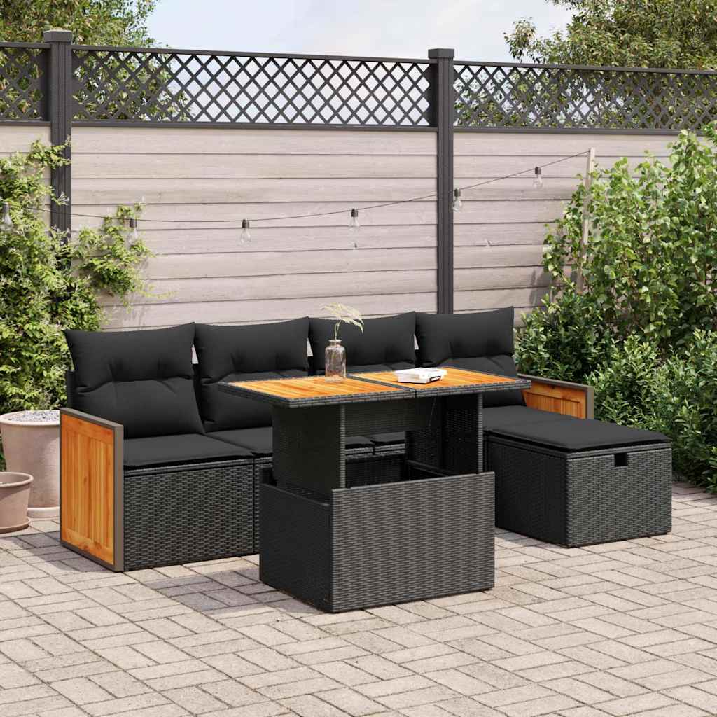 vidaXL 6-tlg. Garten-Sofagarnitur mit Kissen Schwarz Poly Rattan