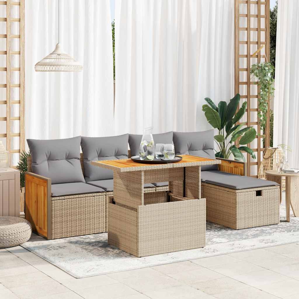 vidaXL 6-tlg. Garten-Sofagarnitur mit Kissen Beige Poly Rattan