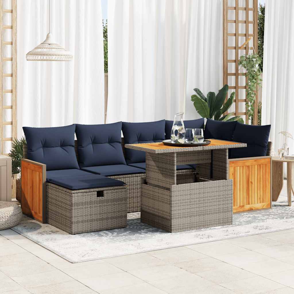 7 Piece Garden Sofa Set with Cushions Black Poly Rattan Acacia