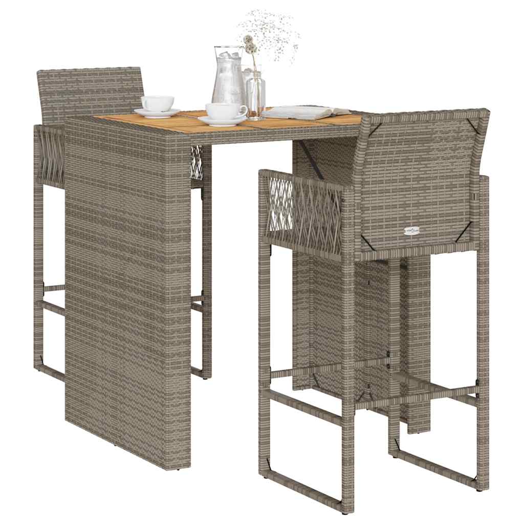 3-tlg. Gartenbar-Set ohne Kissen Grau Poly Rattan Akazie