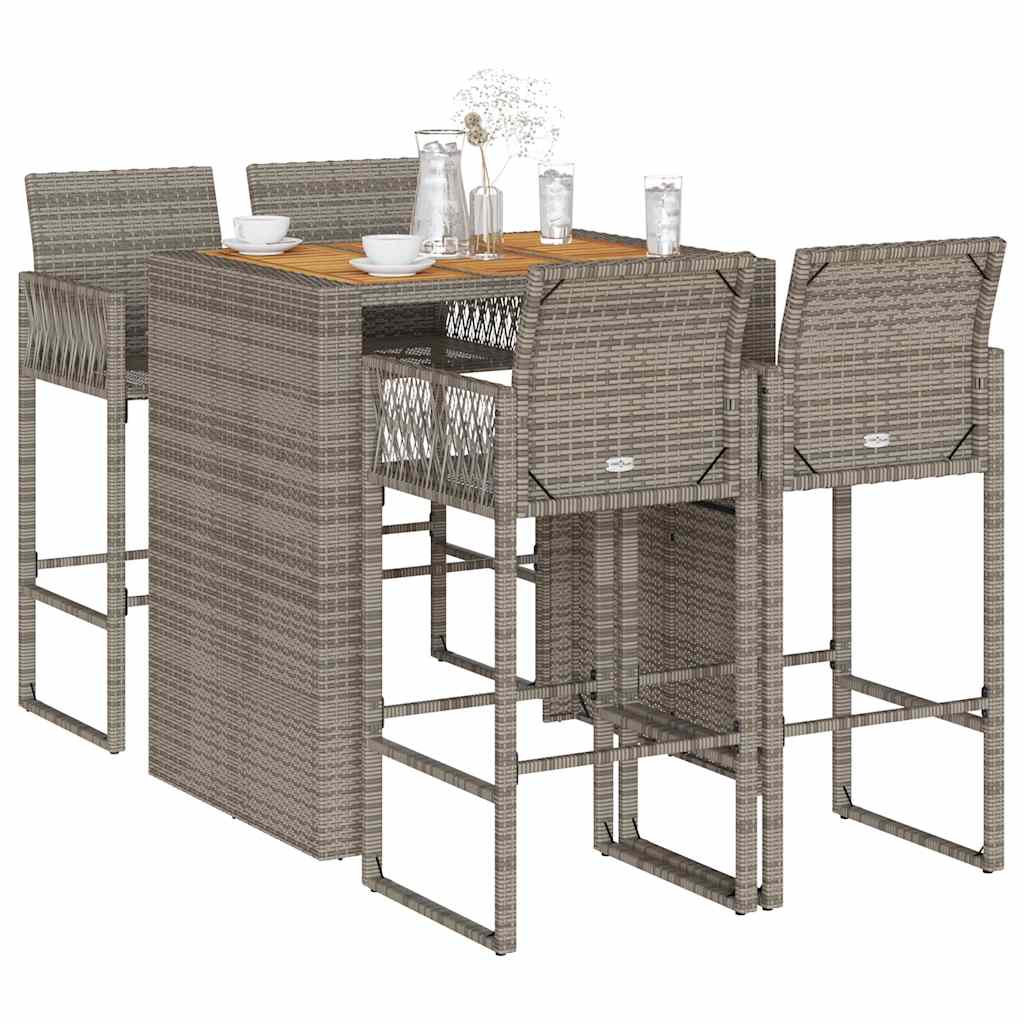 5-tlg. Gartenbar-Set ohne Kissen Grau Poly Rattan Akazie