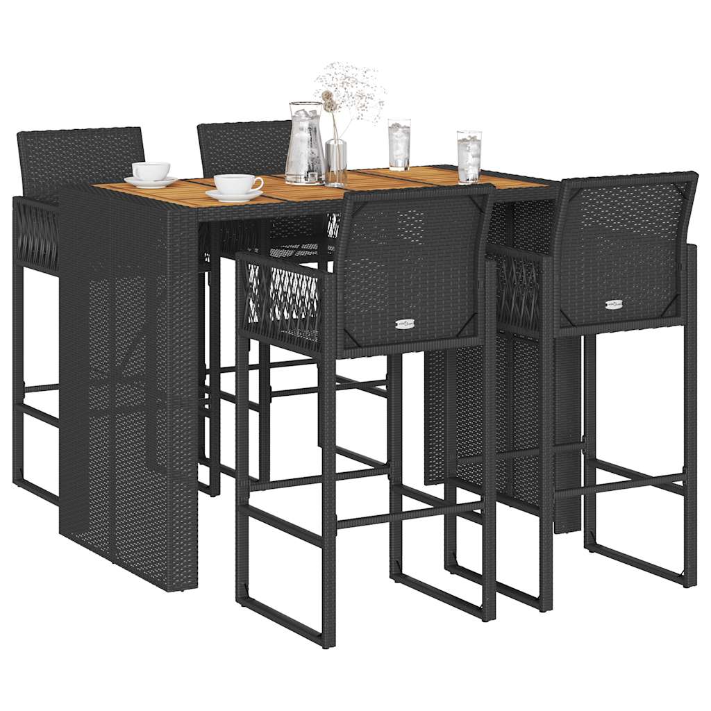 5-tlg. Gartenbar-Set ohne Kissen Schwarz Poly Rattan Akazie