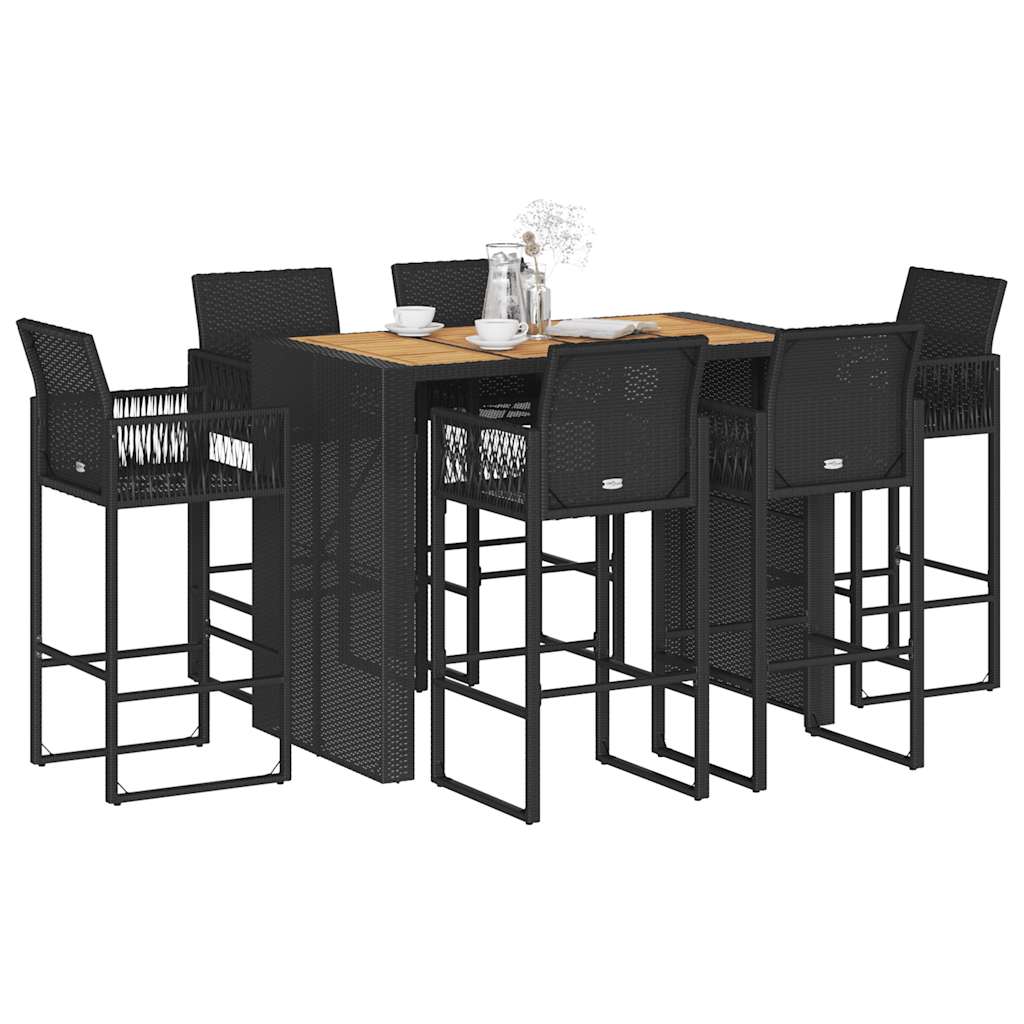 7-tlg. Gartenbar-Set ohne Kissen Schwarz Poly Rattan Akazie