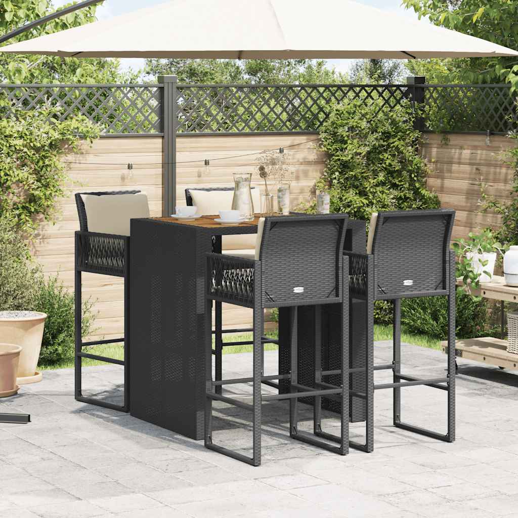 vidaXL 5-delige Tuinbarset met kussens poly rattan acacia zwart afbeelding