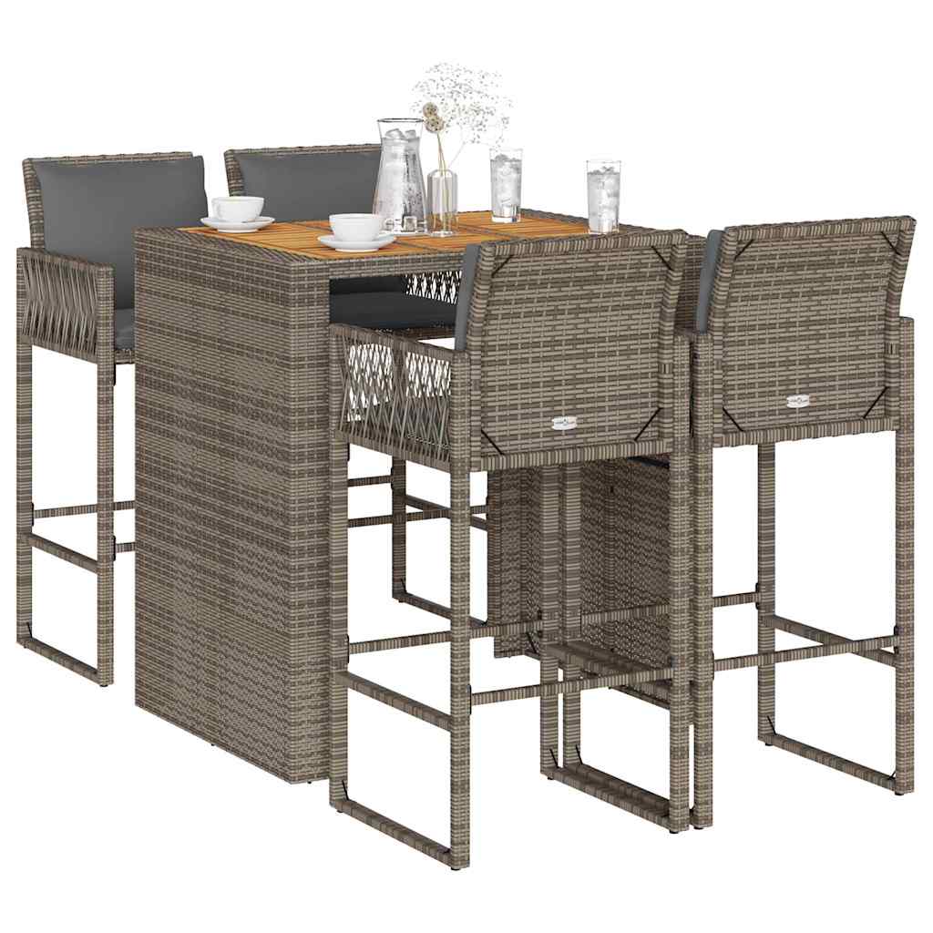 vidaXL 5-tlg. Gartenbar-Set mit Kissen Grau Poly Rattan Akazie