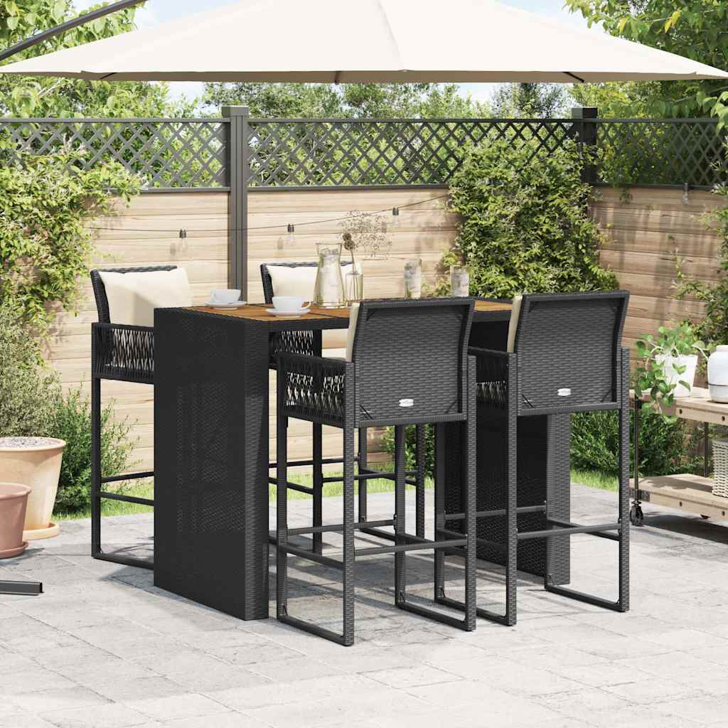 vidaXL 5-delige Tuinbarset met kussens poly rattan acacia zwart afbeelding