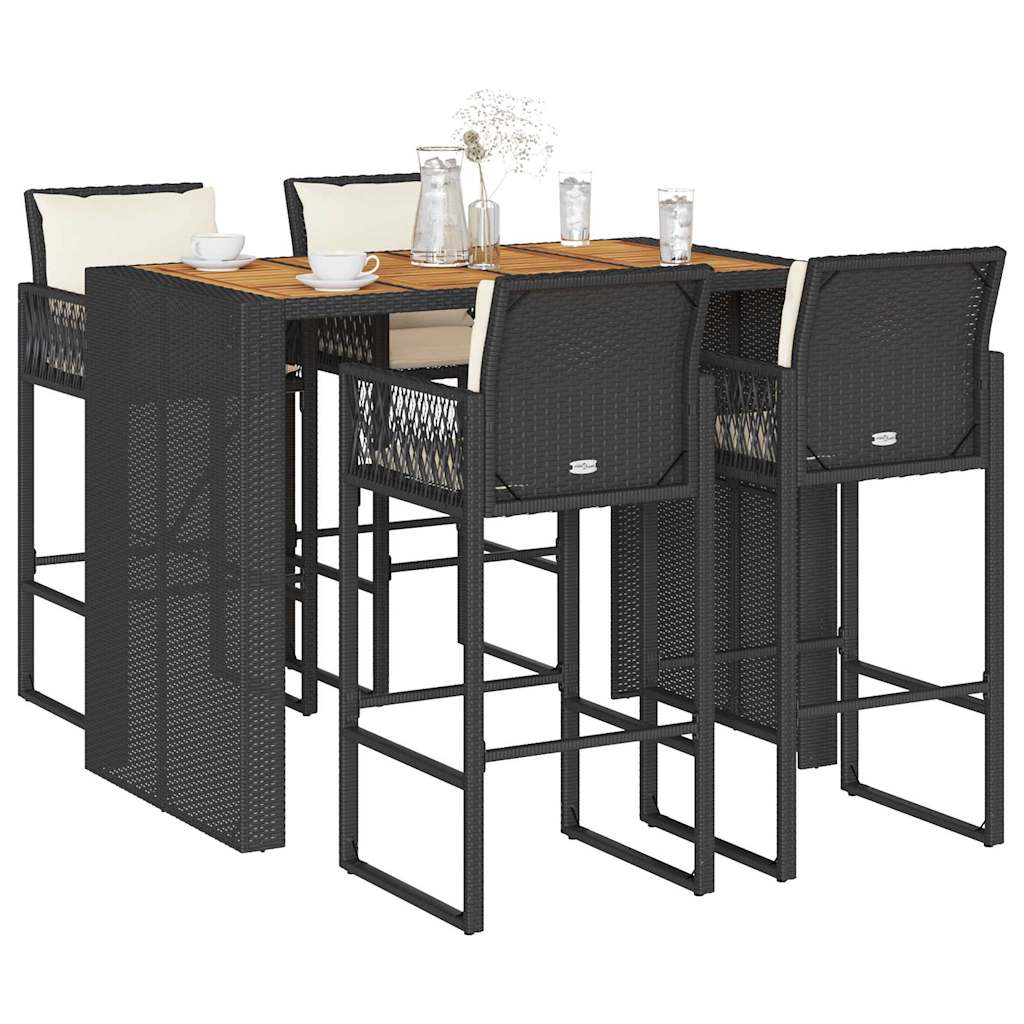 5-tlg. Gartenbar-Set mit Kissen Schwarz Poly Rattan Akazie