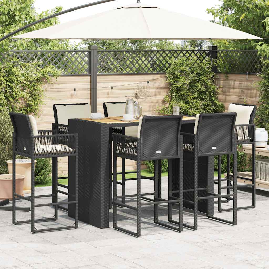 Thumbnail - vidaXL 7-tlg. Gartenbar-Set mit Kissen Schwarz Poly Rattan Akazie