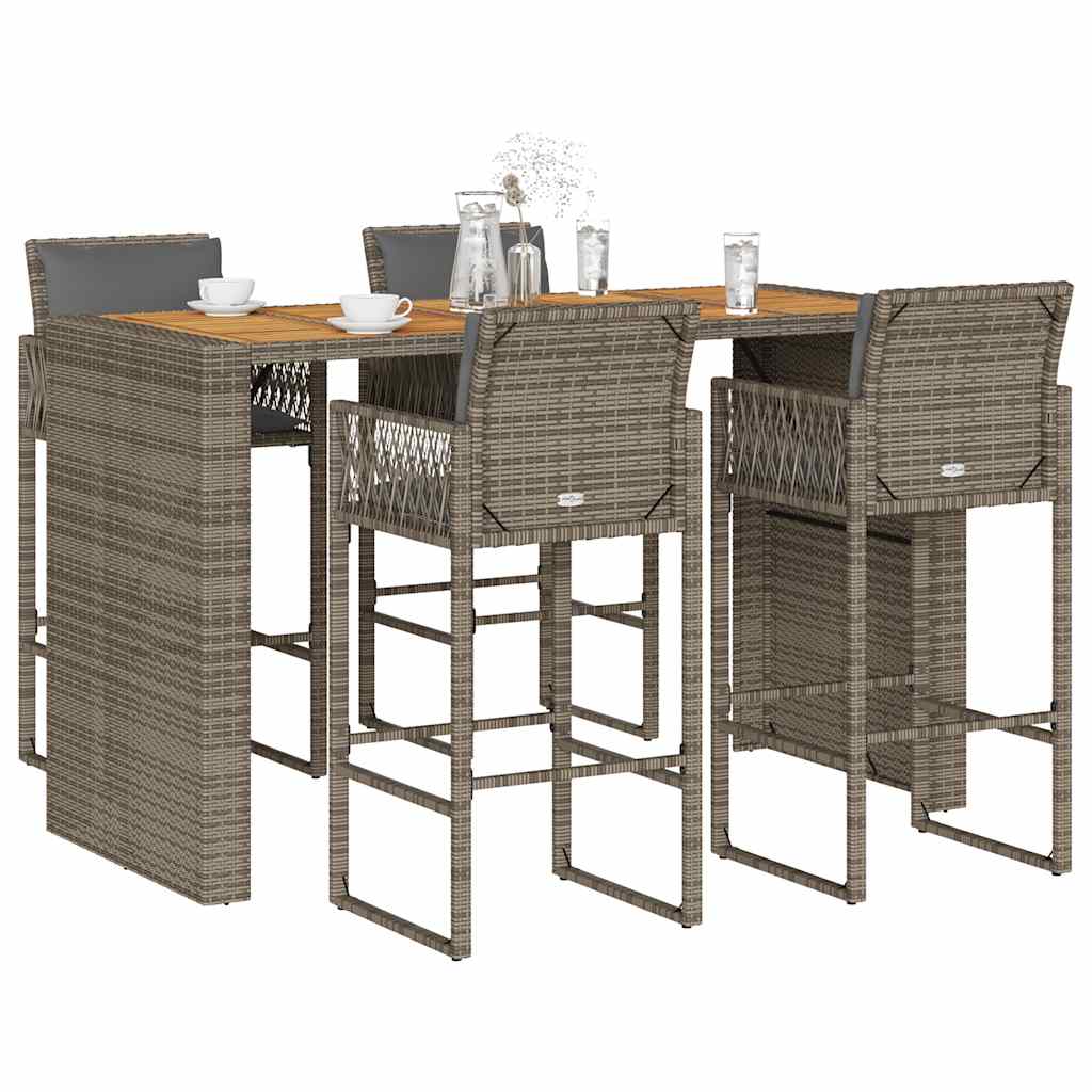 5-tlg. Gartenbar-Set mit Kissen Grau Poly Rattan Akazie