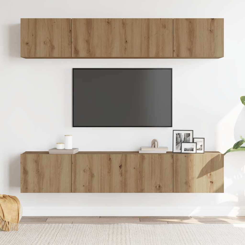 vidaXL Tv-wandkasten 4 st bewerkt hout artisanaal eikenkleurig afbeelding