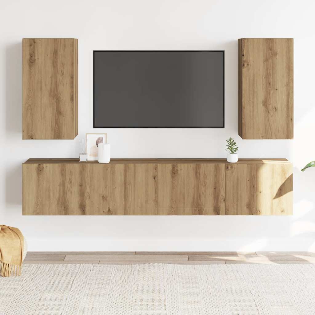 vidaXL Tv-wandkasten 4 st bewerkt hout artisanaal eikenkleurig afbeelding