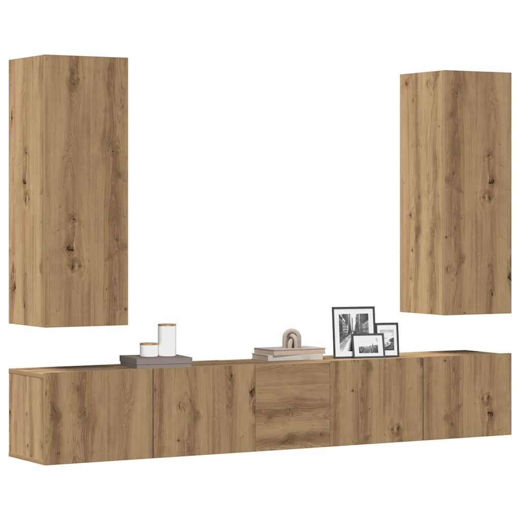 vidaXL 5-tlg. TV-Schrank-Set Wandmontage Artisan-Eiche Holzwerkstoff