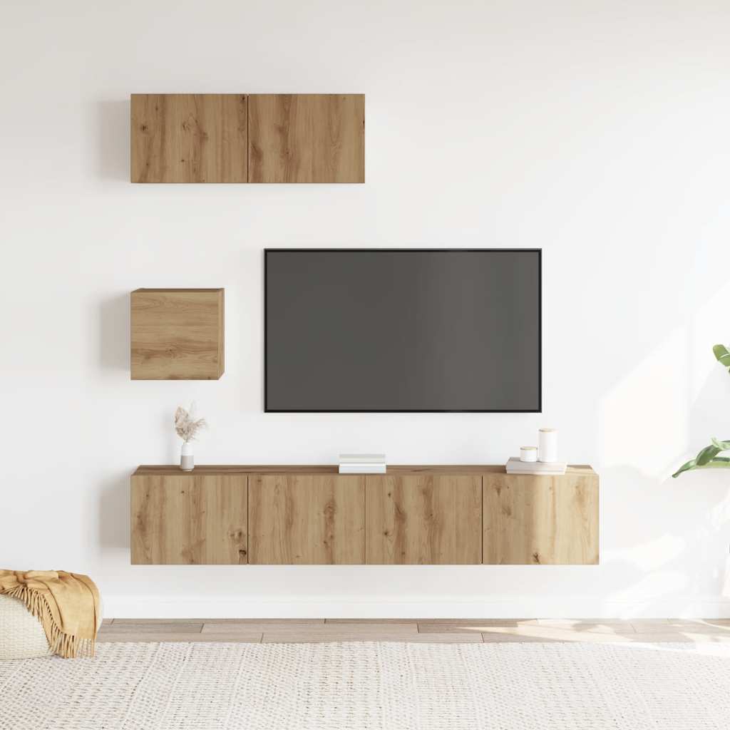 vidaXL 4-delig Tv-meubelset wandmontage bewerkt hout artisanaal eiken afbeelding