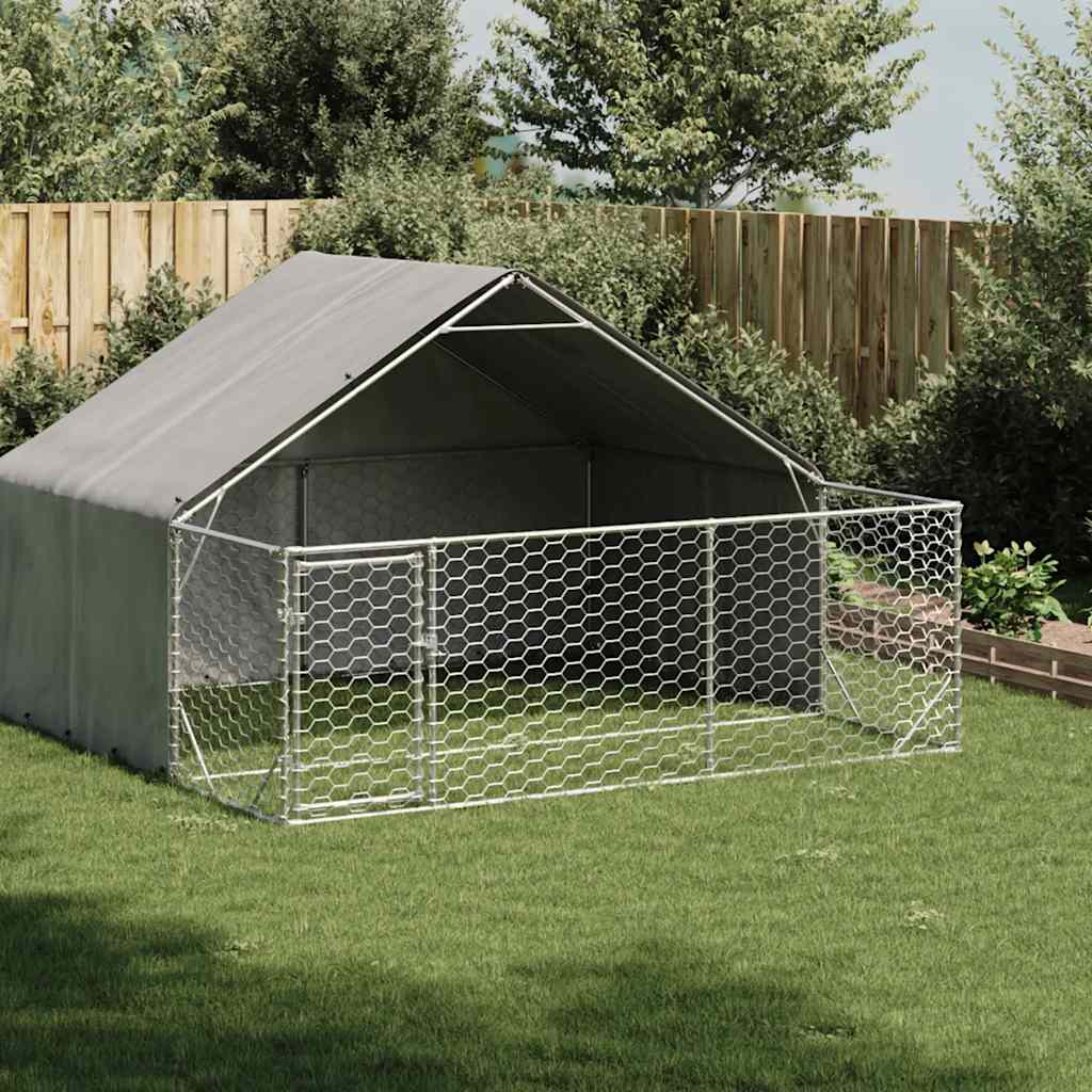 Udendørs hundegård med løbegård 3 × 3 × 1,9 m - galvaniseret stål og overdækning