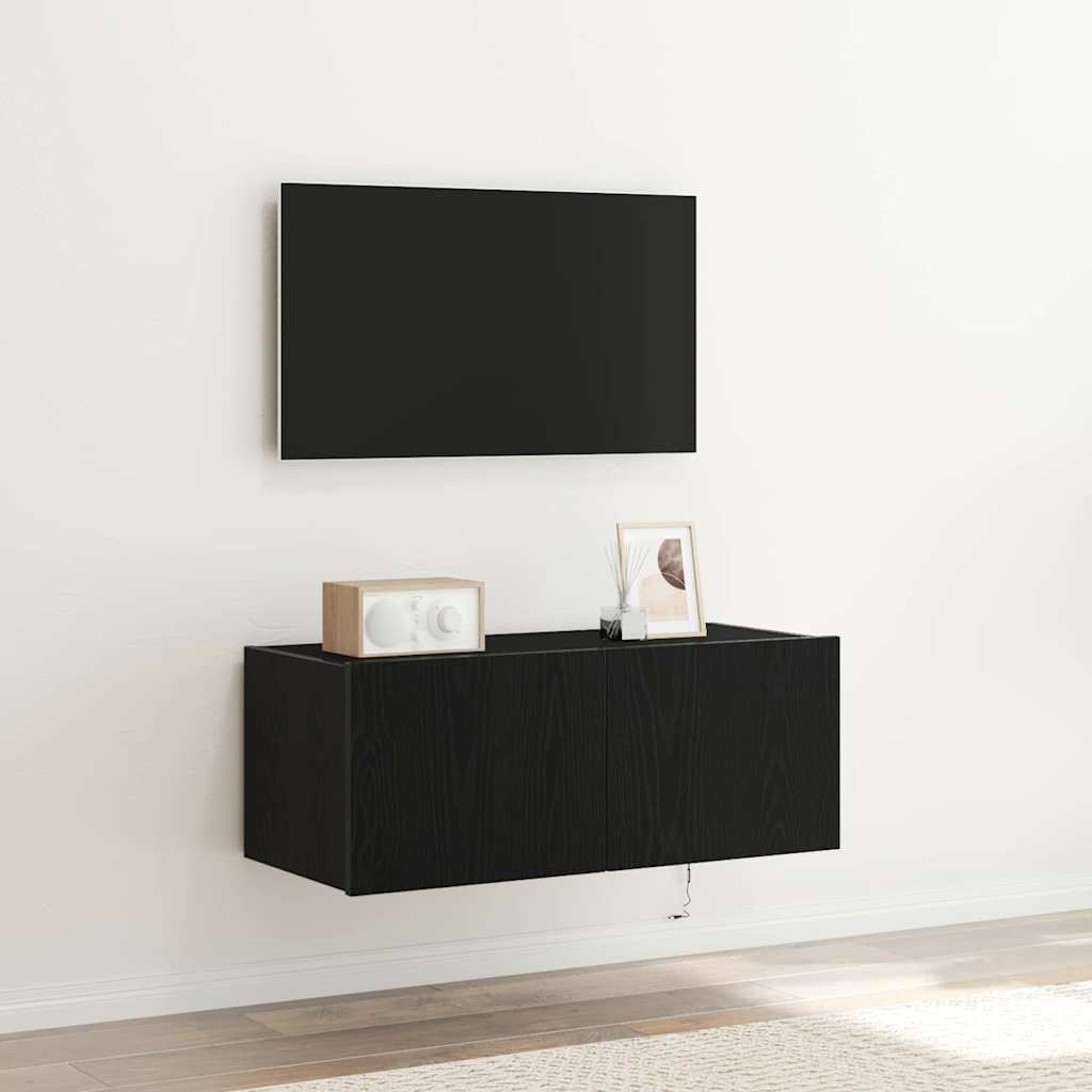 TV-Wandschrank mit LED-Leuchten Schwarz Eiche 80x35x31 cm