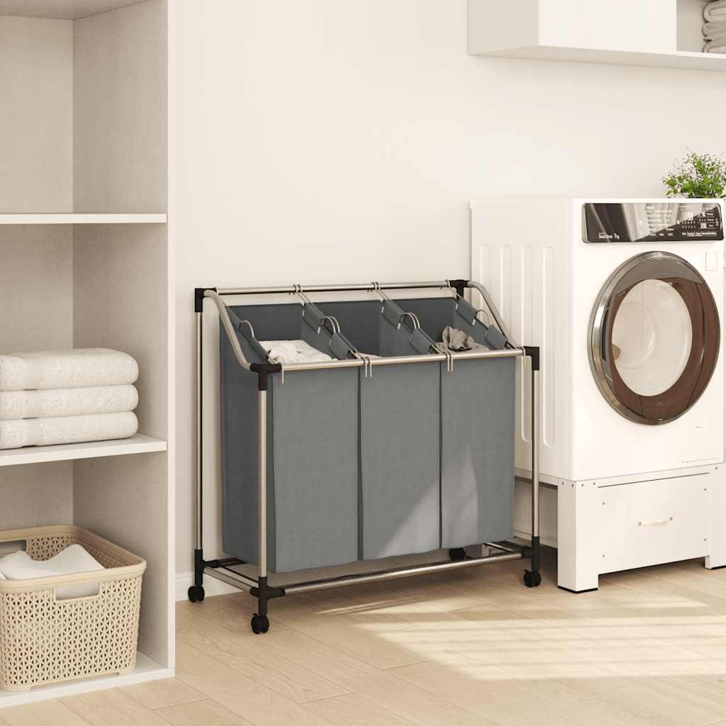 vidaXL Wasmand met wielen 3 vakken grijs