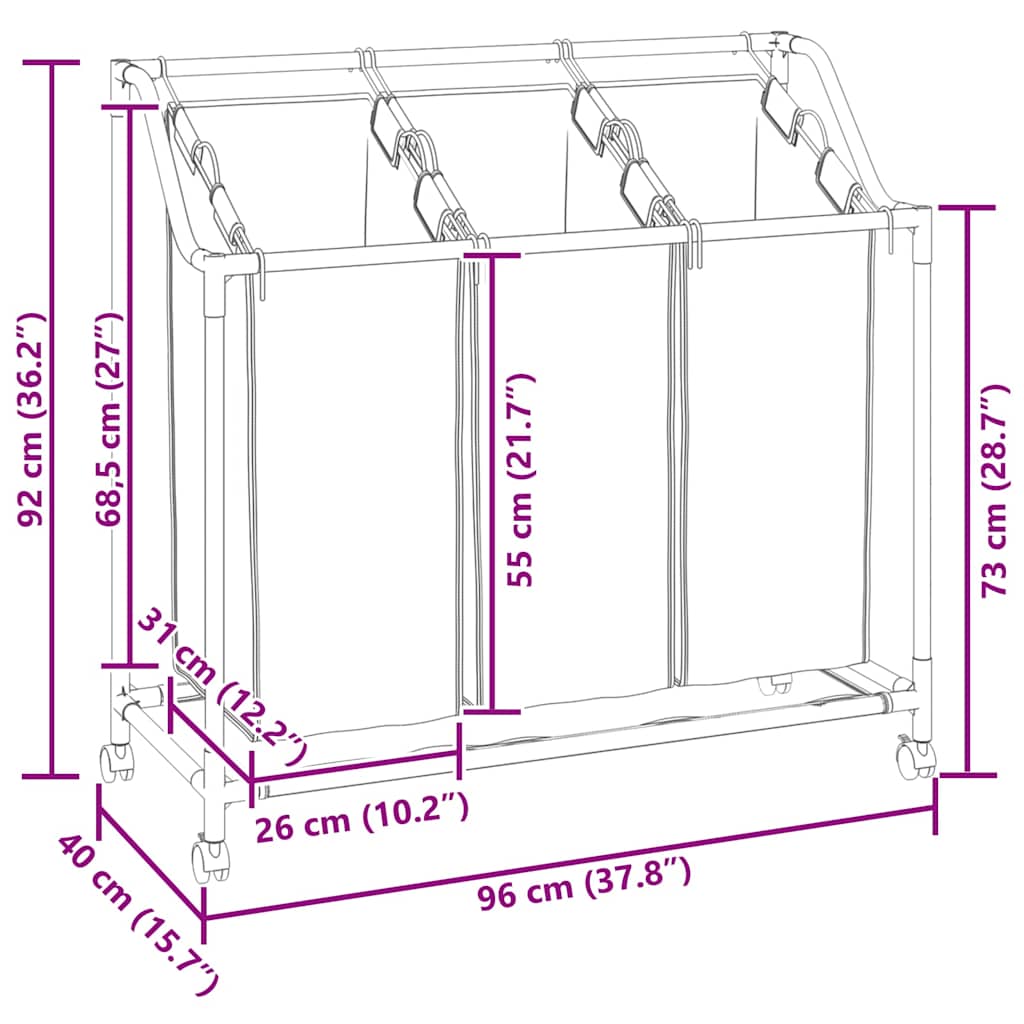 Wasmand met wielen 3 vakken grijs image 12