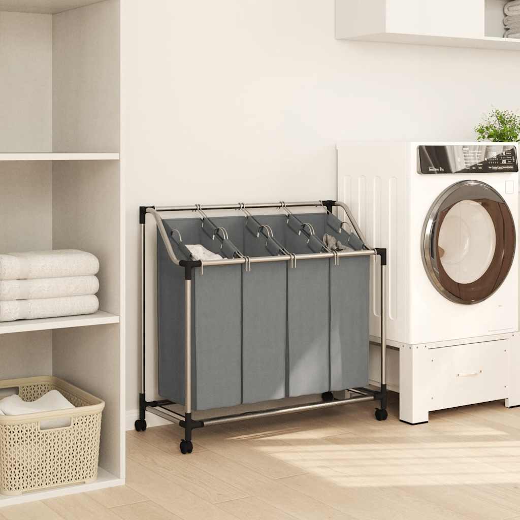 vidaXL Wasmand met wielen 4 vakken grijs