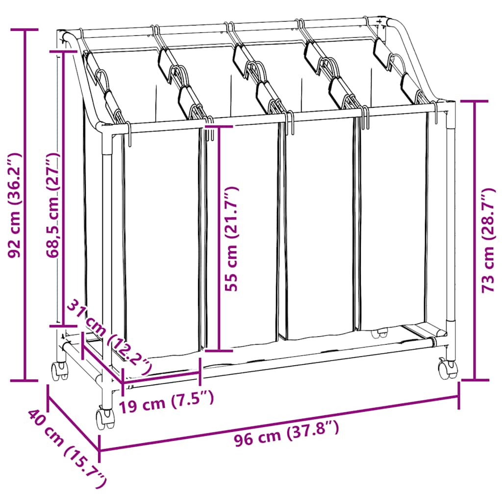 Wasmand met wielen 4 vakken grijs image 12