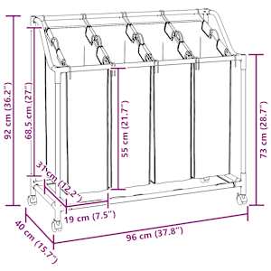 Koš na prádlo s kolečky, 4 přihrádky, šedý - obrázek 12