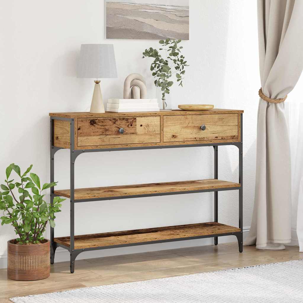 Конзолна маса от старо дърво 100x25x75 см, инжeнерно дърво и стомана