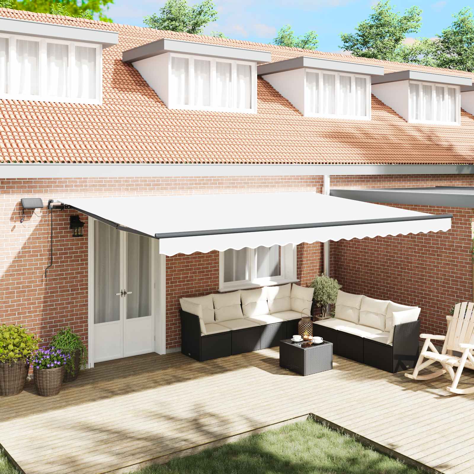 vidaXL Retraktilna tenda z LED lučmi Bela 500 ×300 cm blago