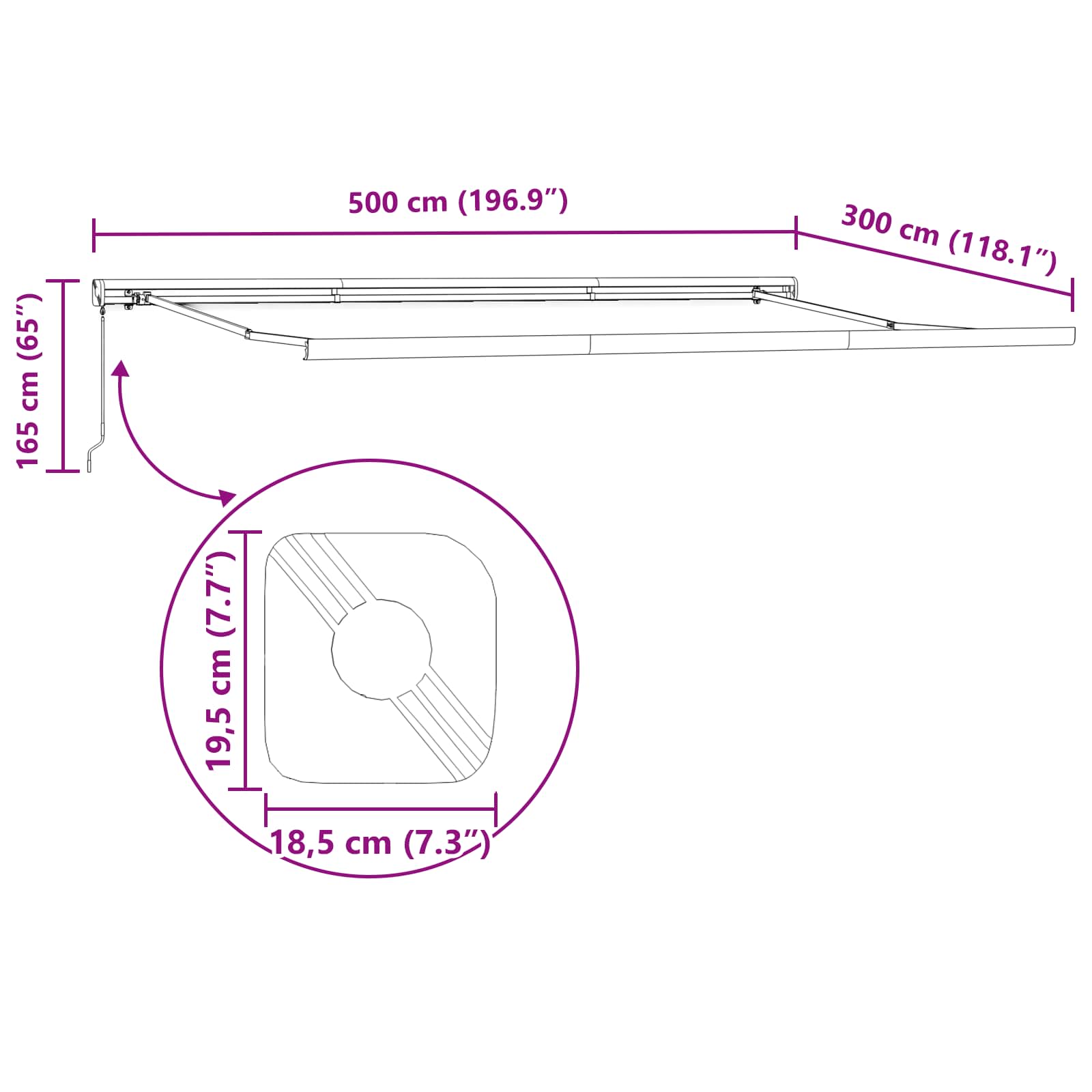 Inklapbaar Zonnescherm Wit 500 × 300 cm Stof en Metaal image 12