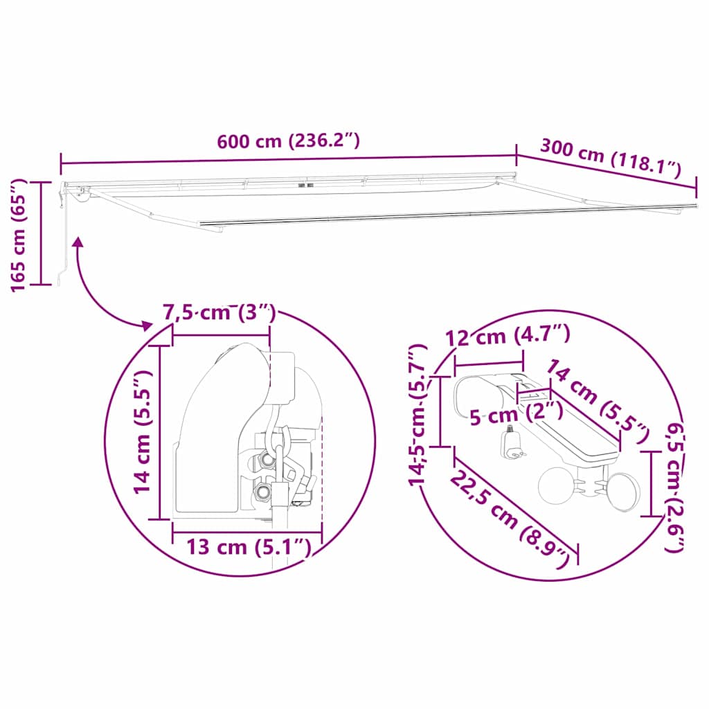 Inklapbaar Zonnescherm Rood 600 × 300 cm Polyester en Metaal image 12