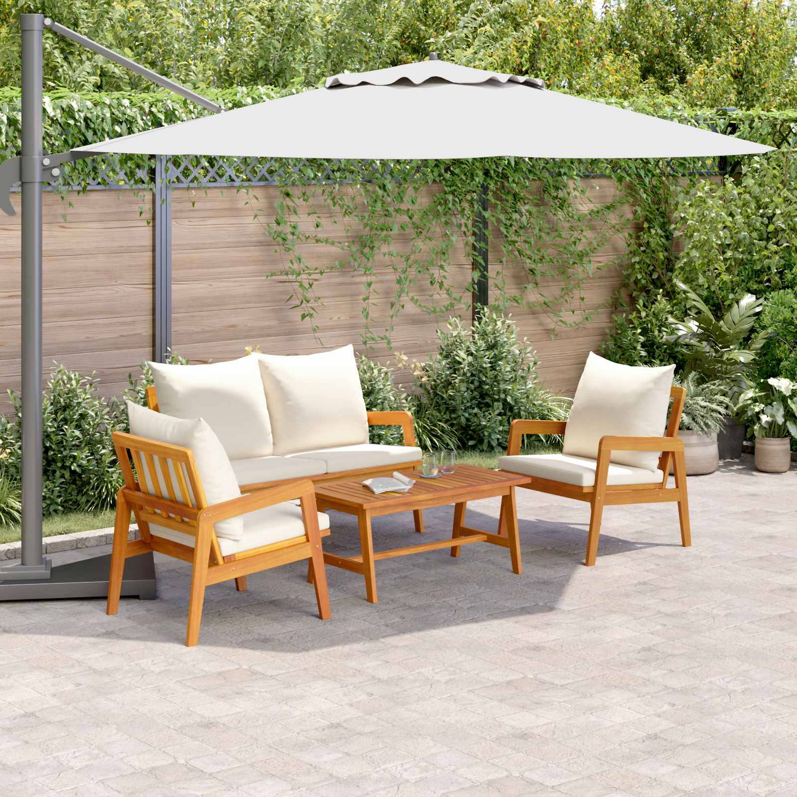 Bistroset met kussen 4 pcs Bruin en Crème Massief Acaciahout image 1