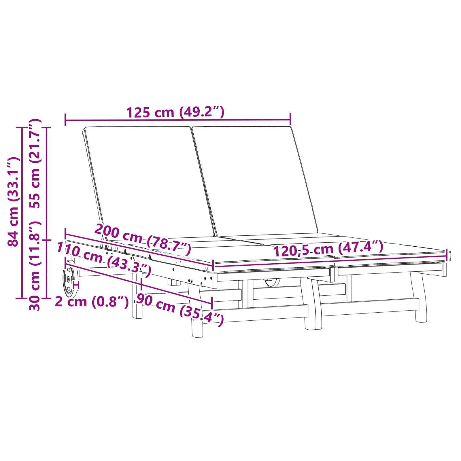 Ligstoel 2-persoon Bruin 63 x 199 x 85 cm Massief Acaciahout image 3