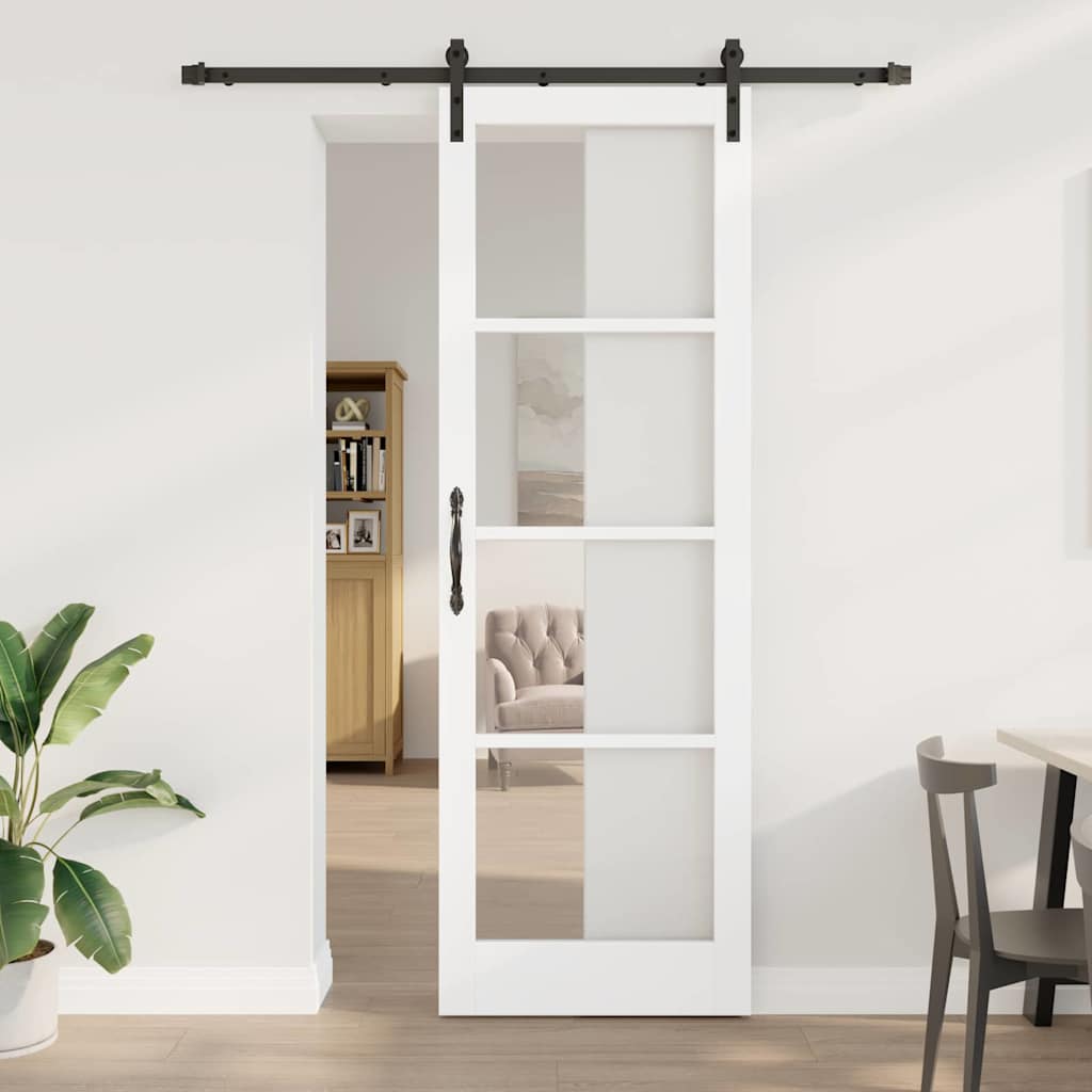 Skydedør med Hardware Sæt 'ORKDAL'Hvid Massivt Træ & Glas, vidaXL Indvendig Dør med Glas 'ORKDAL'Hvid 78x232x4 cm