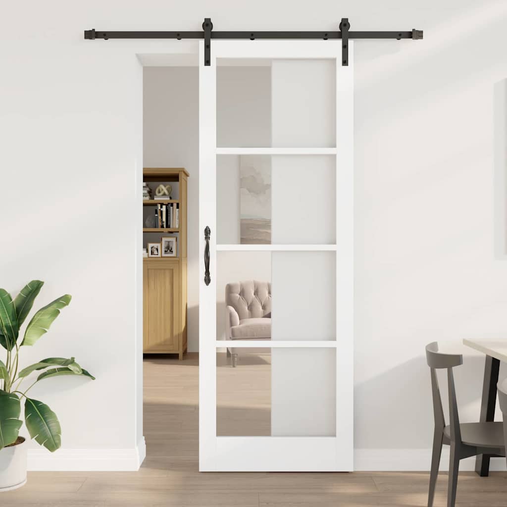 Skyde Dør med Beslag Sæt "ORKDAL" Hvid Massivt Træ & Glas, vidaXL Indvendig Dør med Glas "ORKDAL" Hvid 83x232x4 cm