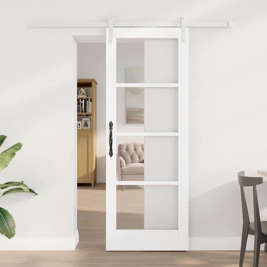 Glidende Dør med Hardware Sæt 'ORKDAL'Hvid Massivt Træ & Glas, vidaXL Indvendig Dør med Glas 'ORKDAL'Hvid 73.5x198.5x4 cm